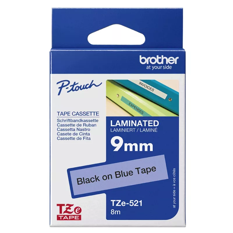 Taśma laminowana Brother 9 mm, czarny na niebieskim, TZe, czarna, termotransferowa, Filipiny, 5 lat