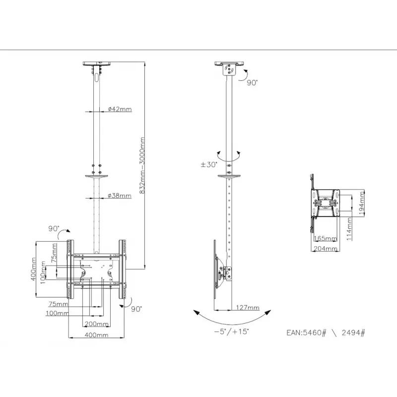 Multibrackets M Public Ceilingmount Medium Single 3000, 30 kg, 81,3 cm (32 cale), 139,7 cm (55 cali), 200 x 100 mm, 400 x 400 mm, 860 - 3130 mm