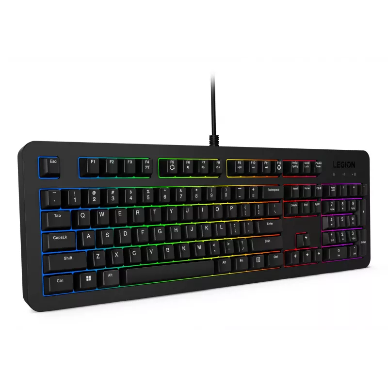 Przewodowa klawiatura gamingowa Lenovo K310 — pełnowymiarowa 100%, USB, US English, podświetlenie RGB, czarna, kabel 1,8 m