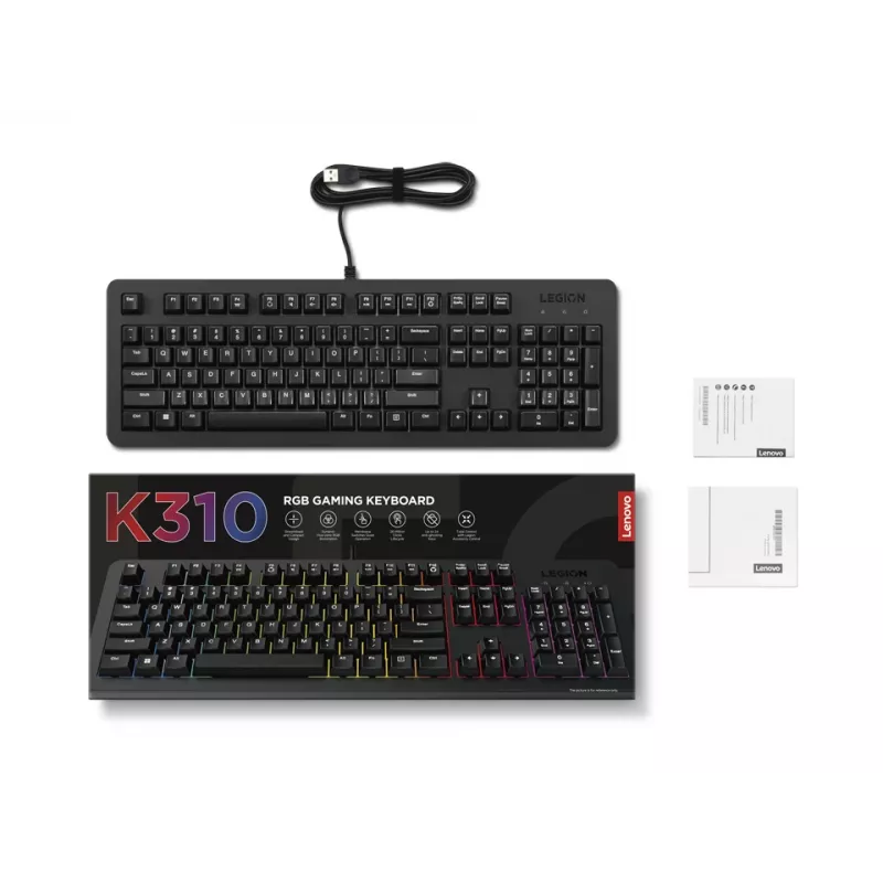 Przewodowa klawiatura gamingowa Lenovo K310 — pełnowymiarowa 100%, USB, US English, podświetlenie RGB, czarna, kabel 1,8 m