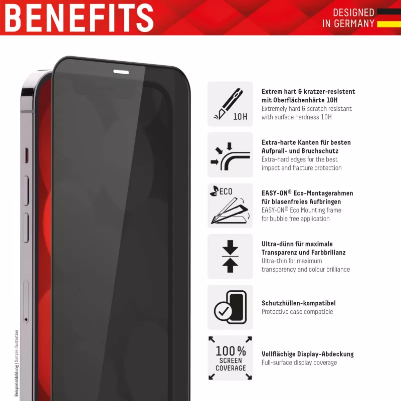 Displex Prywatność Szkło Ochronne (10H) dla Apple iPhone 13/13 Pro/14/16e/17e, Ekologiczna Ramka Montażowa, Filtr Prywatności