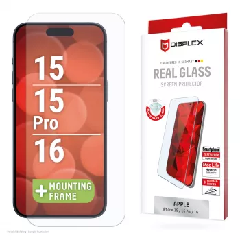 Displex Ochrona ekranu (10H) dla Apple iPhone 15/15 Pro/16, ramka montażowa Eco, odporny na zarysowania