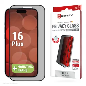 Szklana folia ochronna prywatyzująca Displex (10H) do Apple iPhone 16 Plus, Ekologiczna ramka montażowa, Filtr prywatyzujący