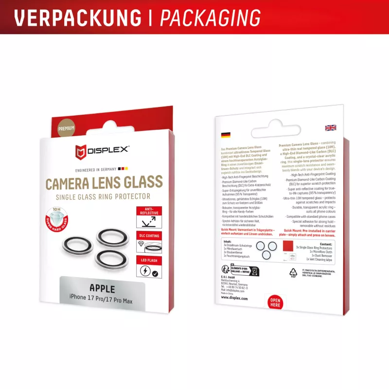 Displex Premium Camera Lens Glass, iPhone 17 Pro/17 Pro Max Glas, 10H, Single Rings, DLC, transparent, Quick Mount