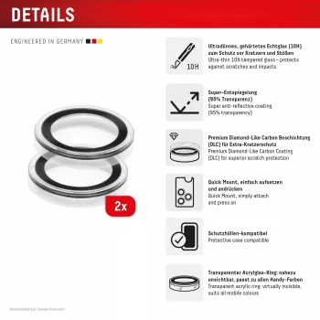 Displex Premium Camera Lens Glass, iPhone Air Glas, 10H, Single Rings, DLC, przezroczysty, Quick Mount