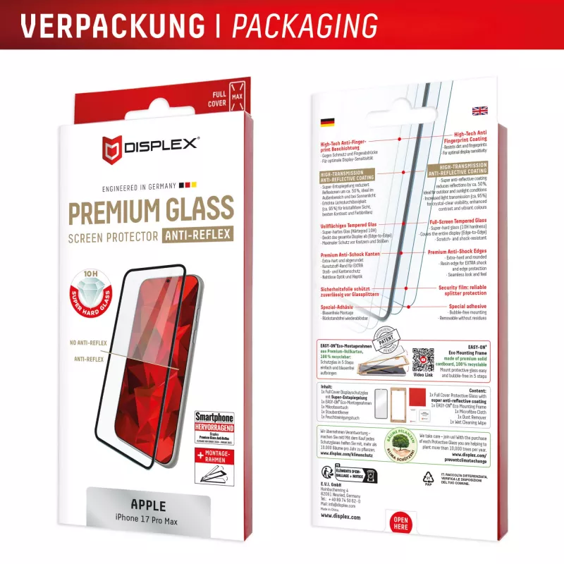 Displex Premium Ochrona ekranu (Full Cover, 10H) dla Apple iPhone 17 Pro Max, Ramka montażowa Eco, Pełne pokrycie