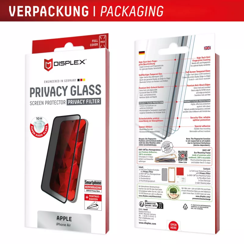 Displex Privacy Ochrona ekranu (10H) for Apple iPhone Air, Eco Mounting Frame, Privacy Filter