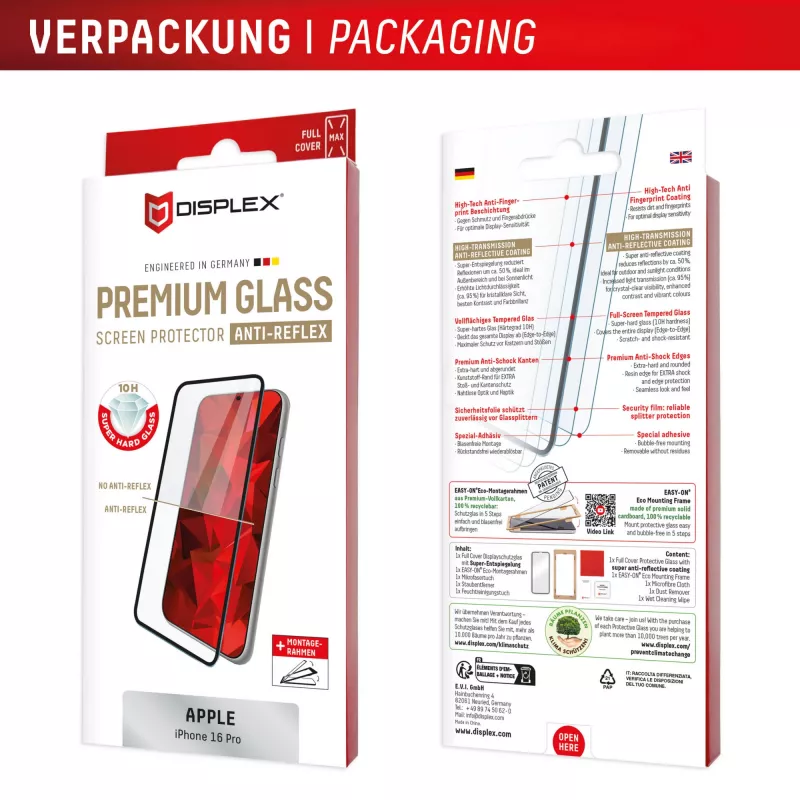 Displex Premium Anti-Reflex Screen Protector (antyrefleksyjna pełna osłona, 10H) do Apple iPhone 16 Pro, Eko ramka montażowa, pełna osłona
