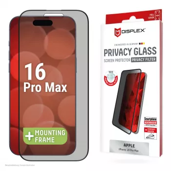 Displex Prywatność Szkło Ochronne (10H) do Apple iPhone 16 Pro Max, Eco Ramka Montażowa, Filtr Prywatności