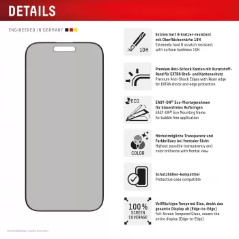Displex Prywatność Szkło Ochronne (10H) do Apple iPhone 16 Pro Max, Eco Ramka Montażowa, Filtr Prywatności
