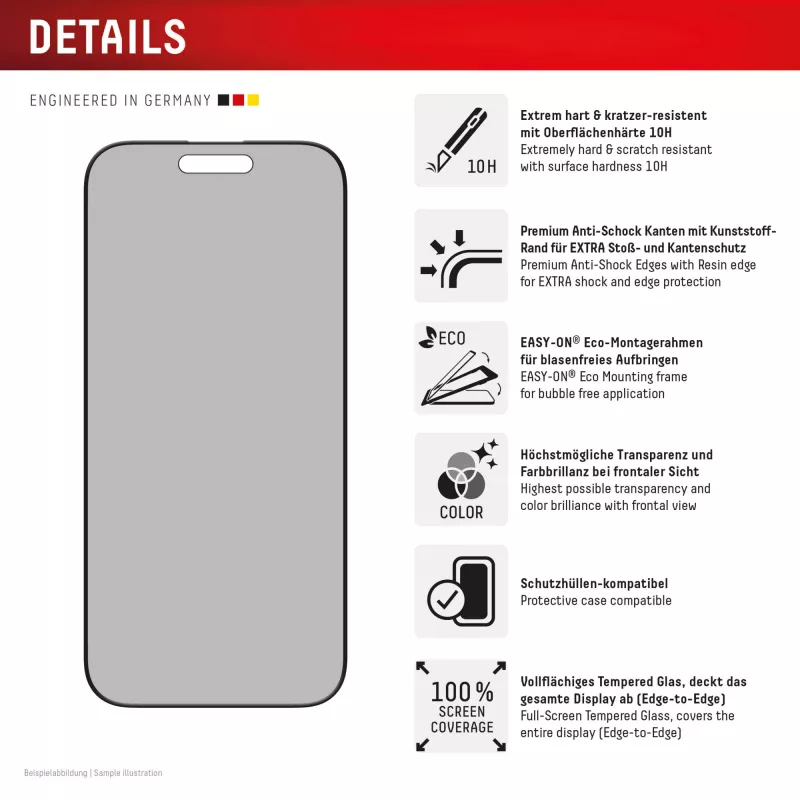 Displex Prywatność Szkło Ochronne (10H) do Apple iPhone 16 Pro Max, Eco Ramka Montażowa, Filtr Prywatności