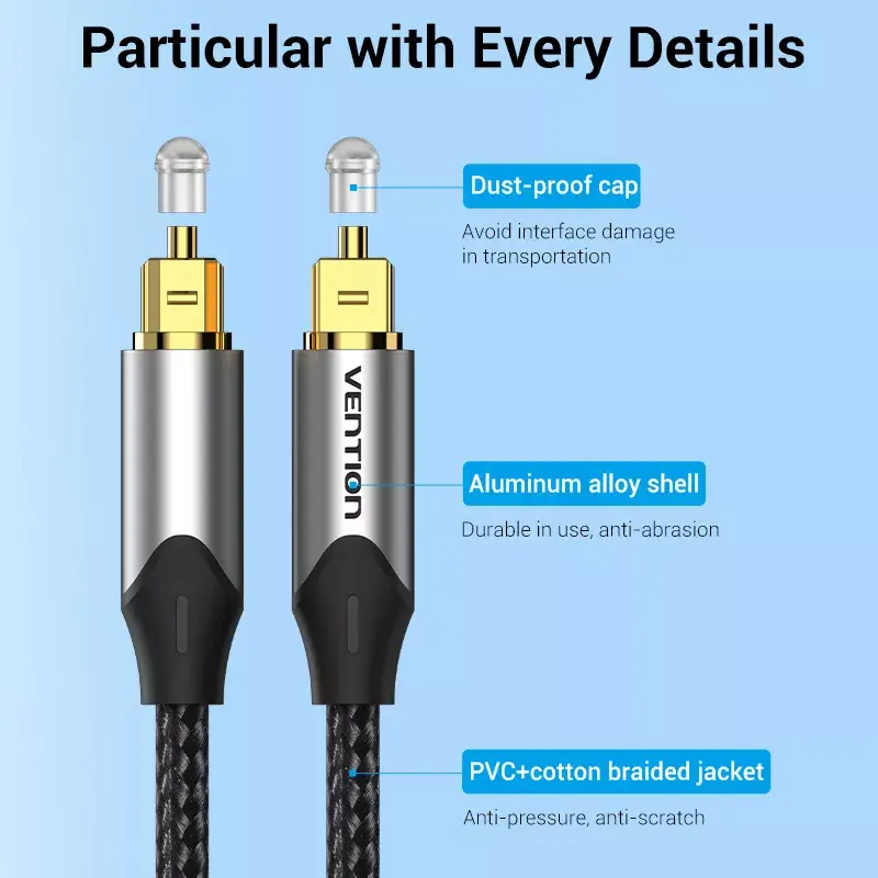 Światłowodowy kabel audio Vention 3 m TOSLINK męski-męski, szary, oplot nylonowy, złocone styki