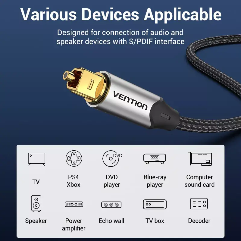 Światłowodowy kabel audio Vention 3 m TOSLINK męski-męski, szary, oplot nylonowy, złocone styki
