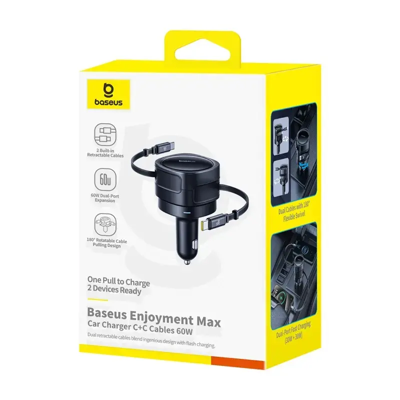 Ładowarka samochodowa Baseus Enjoyment Max 60W ze zintegrowanymi kablami USB-C, wyjście 60W