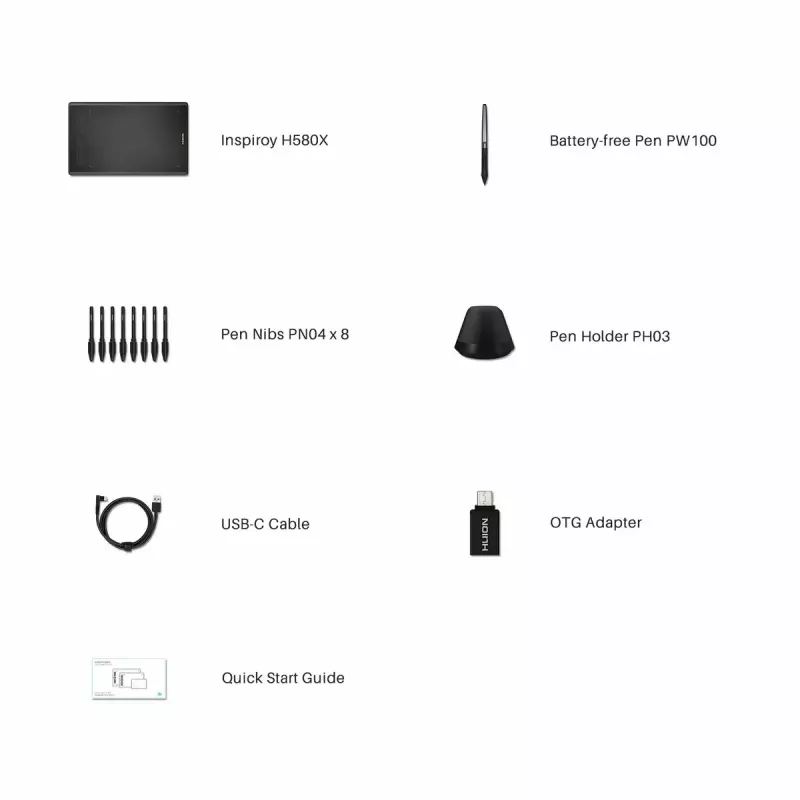 Tablet graficzny HUION Inspiroy H580X — aktywny obszar 8,5×5,0 cala, 5080 LPI, 8192 poziomów nacisku, 8 programowalnych klawiszy, USB-C