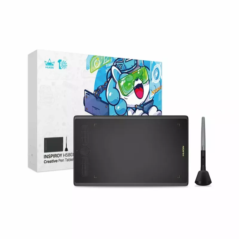 Tablet graficzny HUION Inspiroy H580X — aktywny obszar 8,5×5,0 cala, 5080 LPI, 8192 poziomów nacisku, 8 programowalnych klawiszy, USB-C