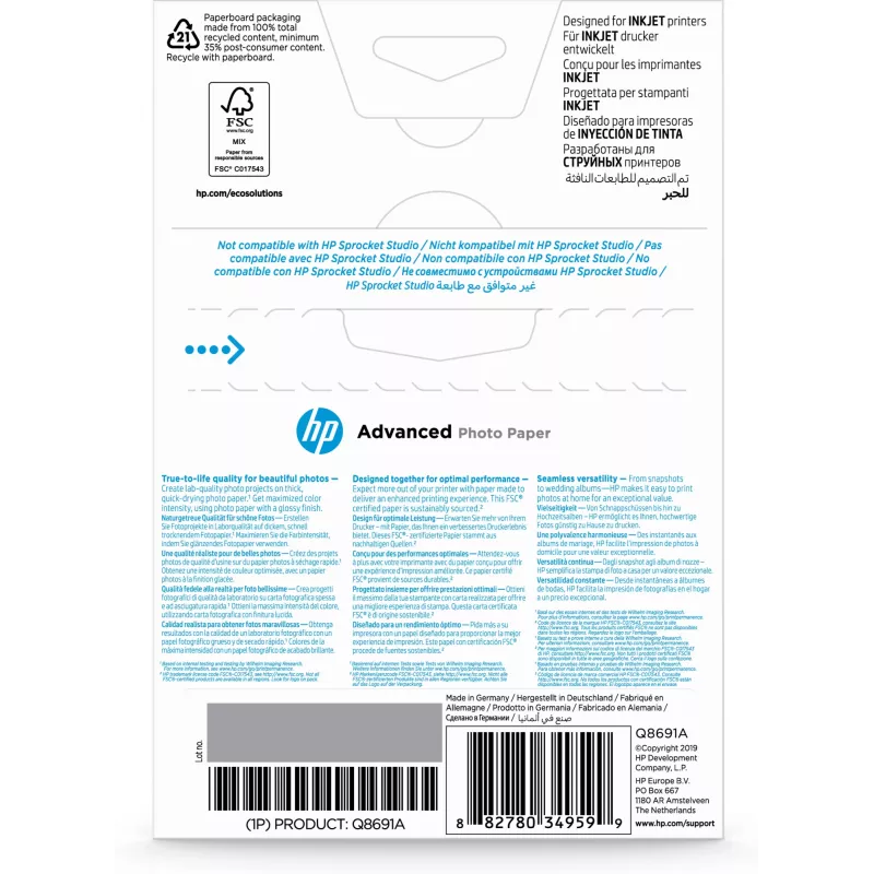 HP Advanced Photo Paper Glossy 250 g/m2 10 x 15 cm (101 x 152 mm) 25 arkuszy