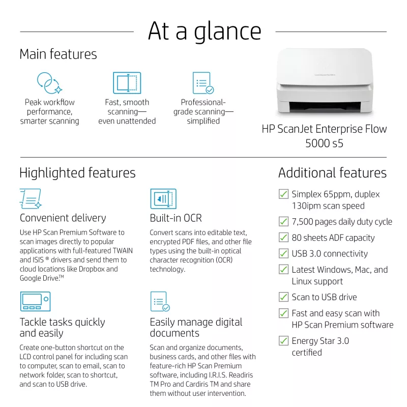 HP Scanjet Enterprise Flow 5000 s5 Skaner arkuszowy 600 x 600 DPI A4 Biały
