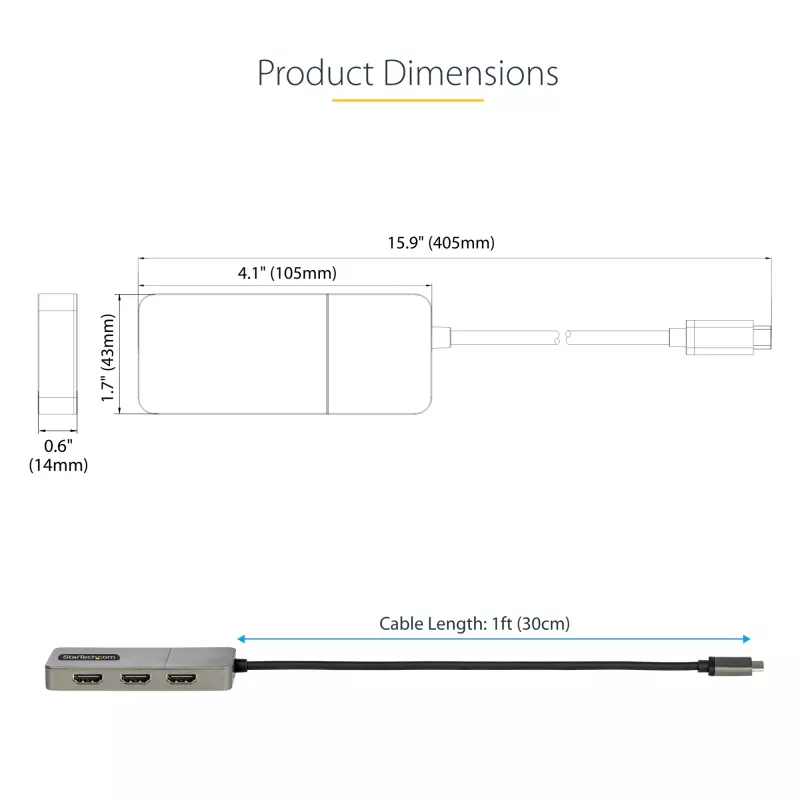 StarTech.com 3-portowy koncentrator USB-C MST – adapter USB typu C do 3x HDMI do wielu monitorów dla laptopa – potrójne HDMI do 4K 60 Hz z DP 1.4 Alt Mode i DSC – HDR – kabel 30 cm – tylko Windows