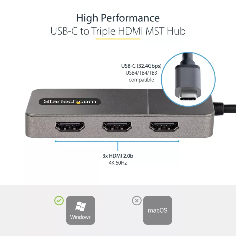 StarTech.com 3-portowy koncentrator USB-C MST – adapter USB typu C do 3x HDMI do wielu monitorów dla laptopa – potrójne HDMI do 4K 60 Hz z DP 1.4 Alt Mode i DSC – HDR – kabel 30 cm – tylko Windows