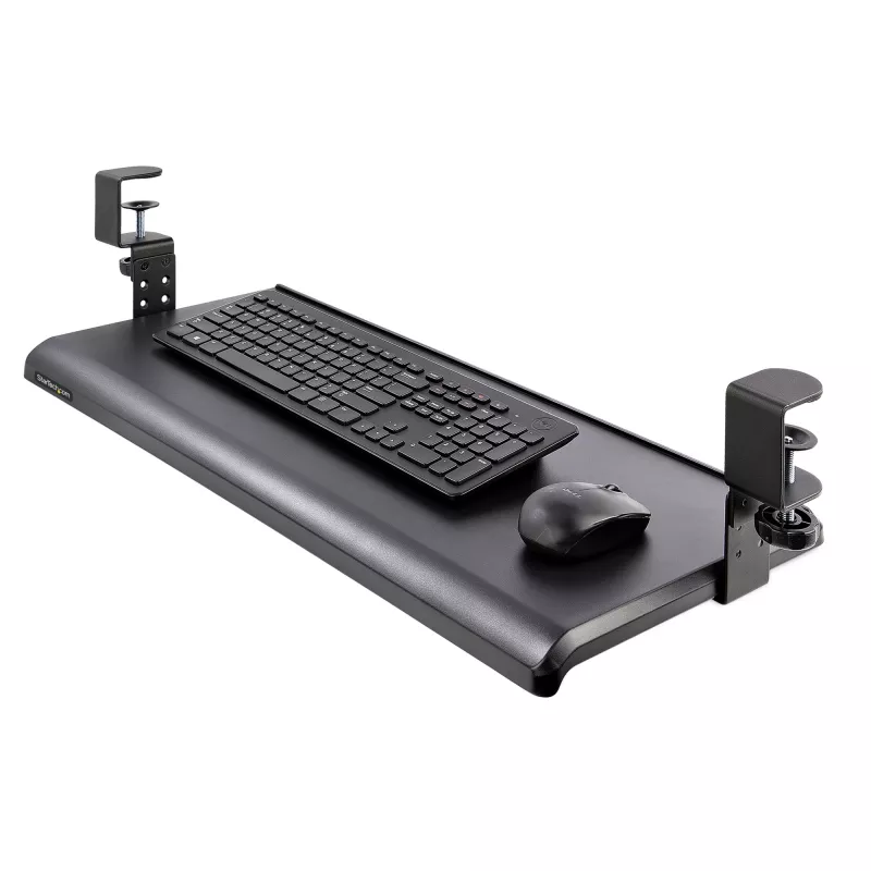 StarTech.com Tacka na klawiaturę montowana pod biurkiem, mocowanie na zacisk, ergonomiczny uchwyt na klawiaturę, do 12 kg (26,5 funta), wysuwana szuflada na klawiaturę i mysz z zaciskami C, regulowana wysokość tacki na klawiaturę (3,9/4,7/5,5 cala)