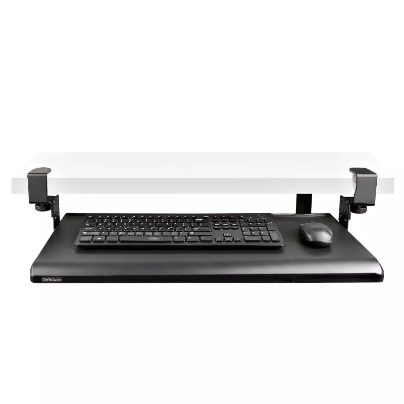 StarTech.com Tacka na klawiaturę montowana pod biurkiem, mocowanie na zacisk, ergonomiczny uchwyt na klawiaturę, do 12 kg (26,5 funta), wysuwana szuflada na klawiaturę i mysz z zaciskami C, regulowana wysokość tacki na klawiaturę (3,9/4,7/5,5 cala)