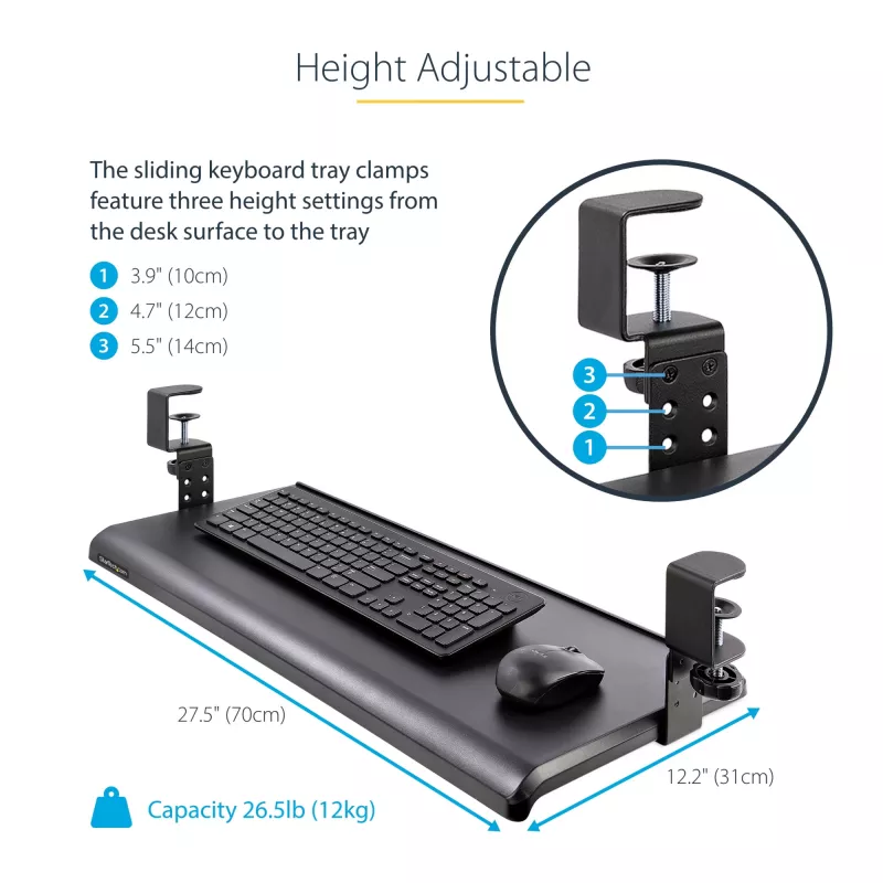 StarTech.com Tacka na klawiaturę montowana pod biurkiem, mocowanie na zacisk, ergonomiczny uchwyt na klawiaturę, do 12 kg (26,5 funta), wysuwana szuflada na klawiaturę i mysz z zaciskami C, regulowana wysokość tacki na klawiaturę (3,9/4,7/5,5 cala)