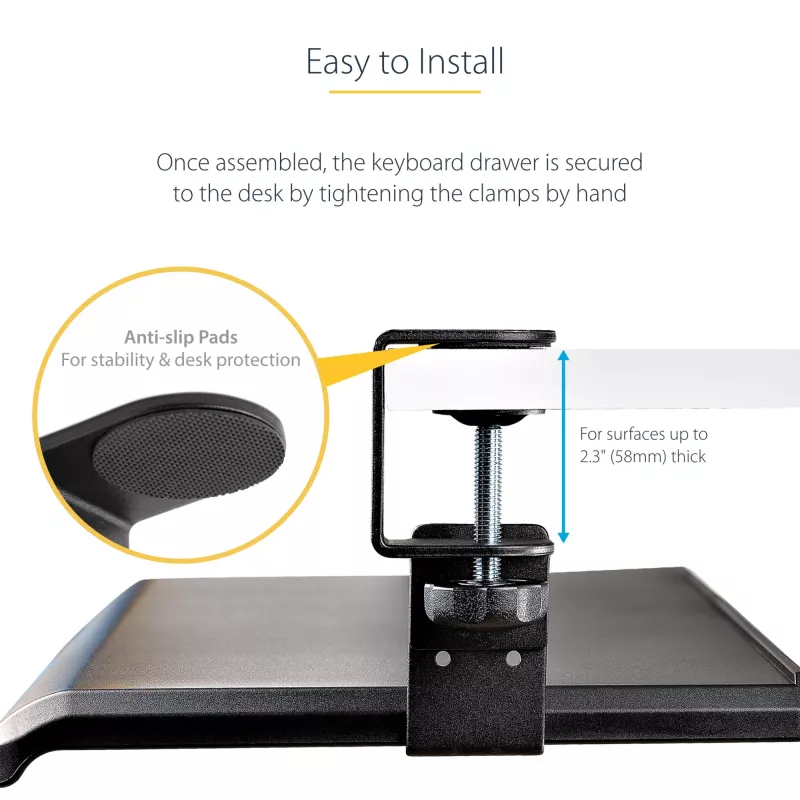 StarTech.com Tacka na klawiaturę montowana pod biurkiem, mocowanie na zacisk, ergonomiczny uchwyt na klawiaturę, do 12 kg (26,5 funta), wysuwana szuflada na klawiaturę i mysz z zaciskami C, regulowana wysokość tacki na klawiaturę (3,9/4,7/5,5 cala)