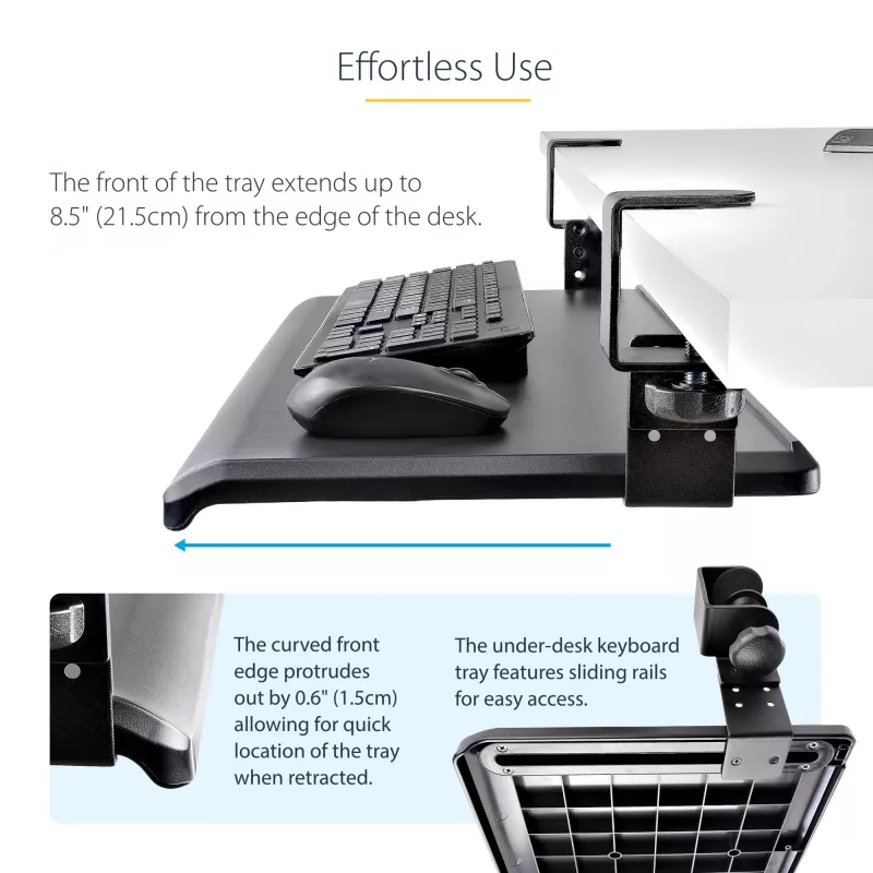 StarTech.com Tacka na klawiaturę montowana pod biurkiem, mocowanie na zacisk, ergonomiczny uchwyt na klawiaturę, do 12 kg (26,5 funta), wysuwana szuflada na klawiaturę i mysz z zaciskami C, regulowana wysokość tacki na klawiaturę (3,9/4,7/5,5 cala)