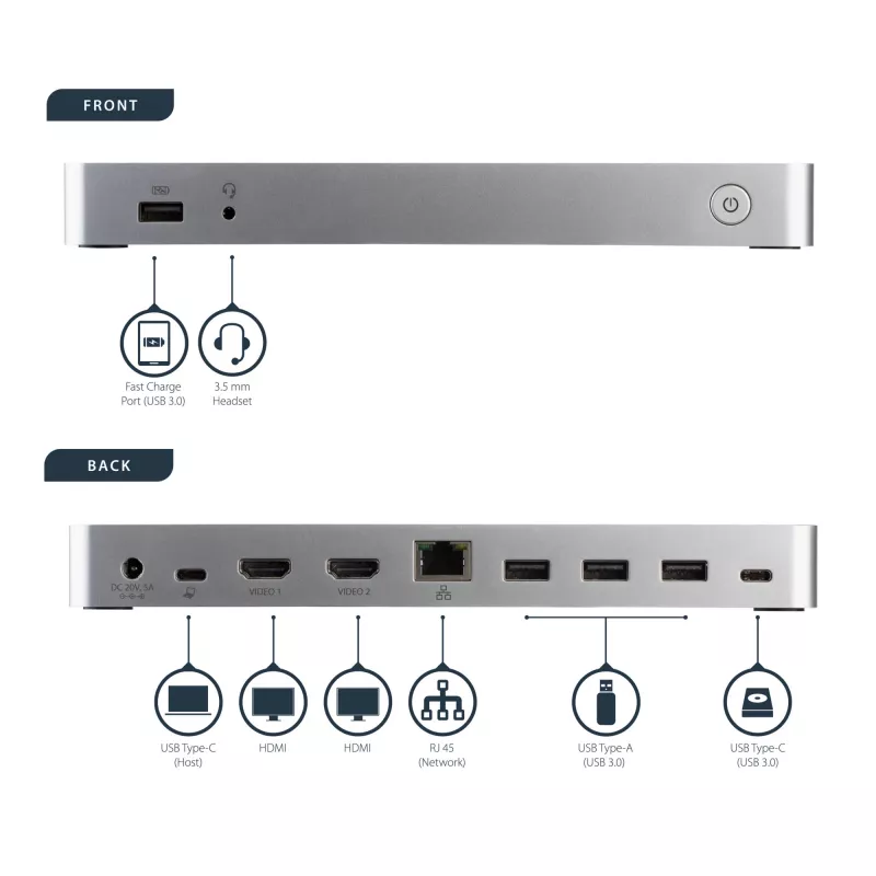 StarTech.com Stacja dokująca USB C z dwoma monitorami i zasilaniem 60W dla laptopów z Windows - USB C na HDMI / DVI - USB 3.1 Gen 1 Type C z ładowaniem - kompatybilna z Thunderbolt 3