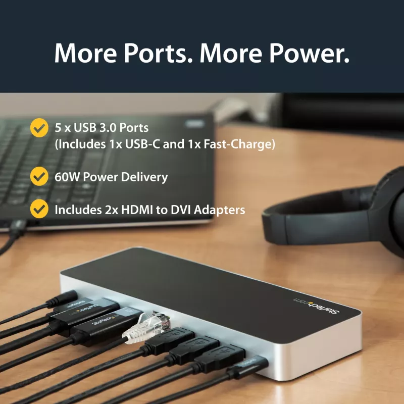 StarTech.com Stacja dokująca USB C z dwoma monitorami i zasilaniem 60W dla laptopów z Windows - USB C na HDMI / DVI - USB 3.1 Gen 1 Type C z ładowaniem - kompatybilna z Thunderbolt 3