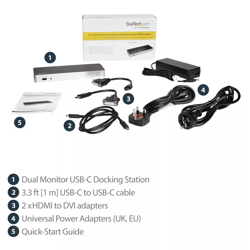 StarTech.com Stacja dokująca USB C z dwoma monitorami i zasilaniem 60W dla laptopów z Windows - USB C na HDMI / DVI - USB 3.1 Gen 1 Type C z ładowaniem - kompatybilna z Thunderbolt 3