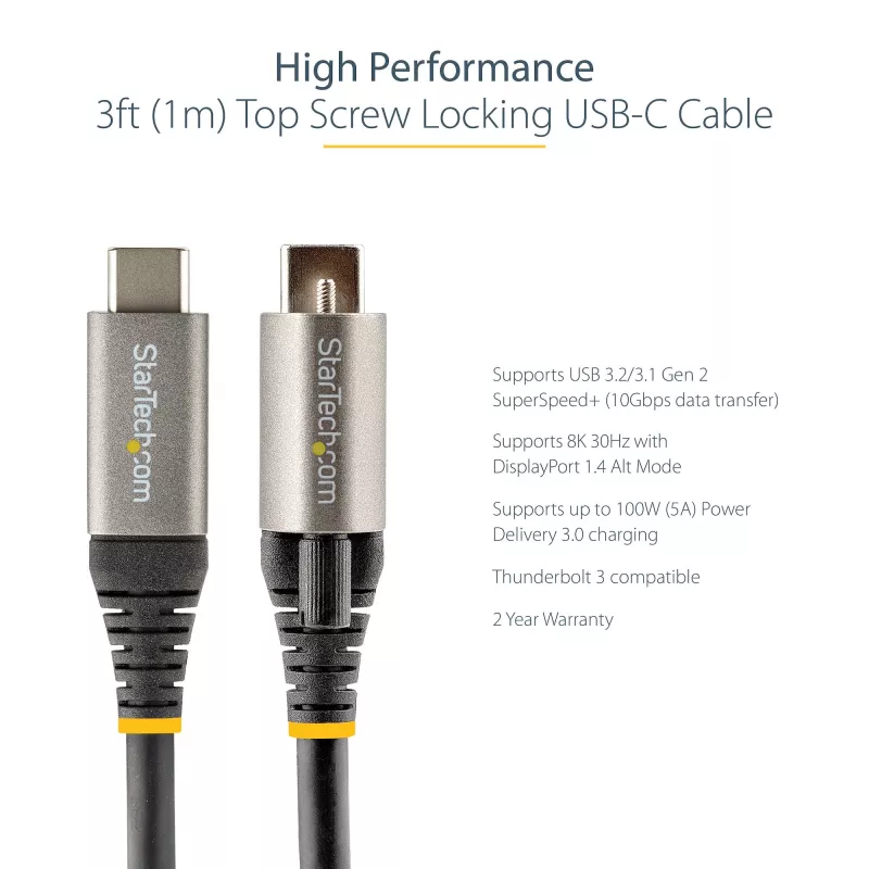 StarTech.com 3 ft (1 m) Kabel USB C z górną śrubą blokującą 10 Gb/s — USB 3.1/3.2 Gen 2 Typ C — ładowanie Power Delivery 100 W (5 A), tryb DP Alt — pojedyncza śruba blokująca, kabel USB-C do ładowania/synchronizacji