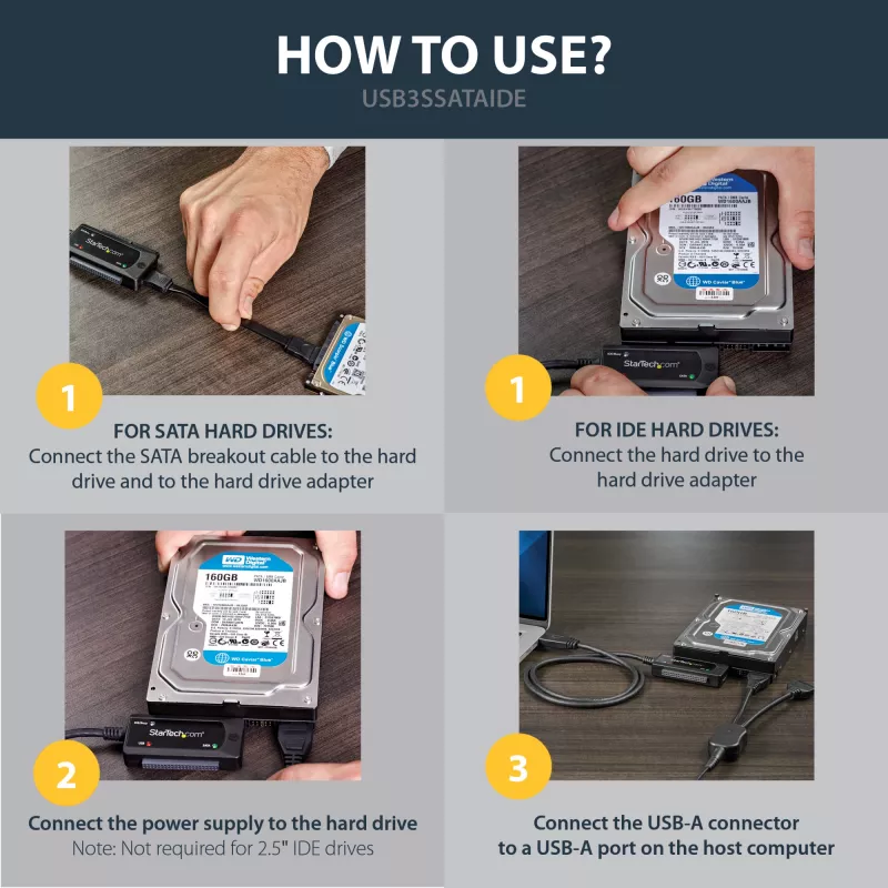 StarTech.com SATA to USB kabel - USB 3.1 (10Gbps) - UASP, czarny, Aktywność, Zasilanie, CE, FCC, ASMedia - ASM1351, 12 V, 0 - 60 °C