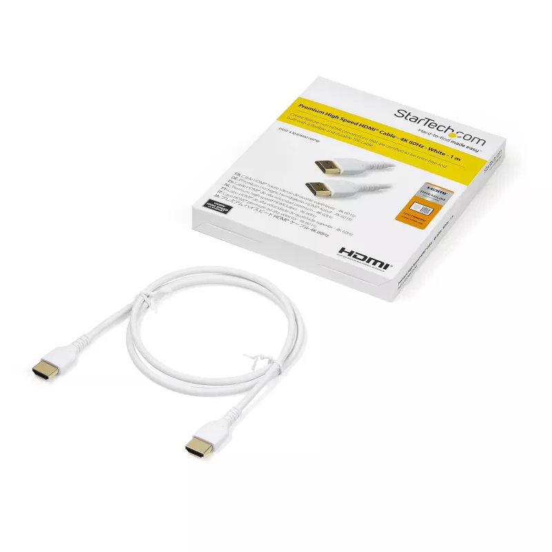 StarTech.com 3ft (1m) Cienki kabel HDMI 2.0, Elastyczny Przewód HDMI z Certyfikatem Premium z Ethernetem, UHD 4K 60Hz HDR10, Wytrzymała Konstrukcja z Włókna Aramidowego w Osłonie TPE, Biały