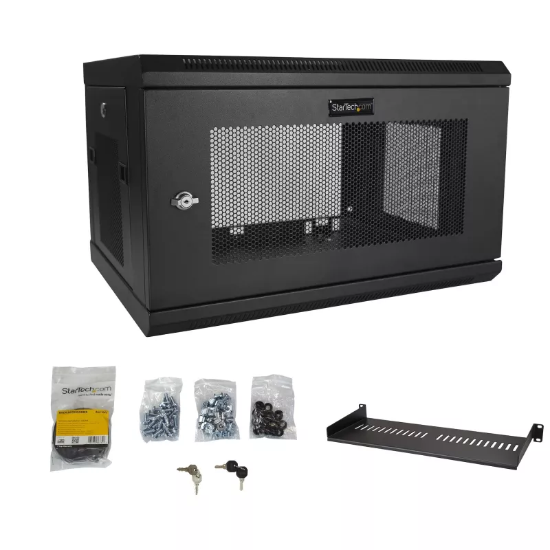 StarTech.com 2-Post 6U Wall Mount sieciowy Cabinet with 1U Shelf, 19 inch Wall-Mounted Server Rack for Data / Networking / AV / Electronics / Computer Equipment, Small Vented Rack Enclosure