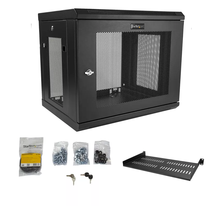 StarTech.com 2-postowa 9U sieciowa szafa wisząca z półką 1U, 19-calowy wiszący stojak serwerowy do sprzętu danych / sieciowego / AV / elektronicznego / komputerowego, mała wentylowana obudowa stojaka