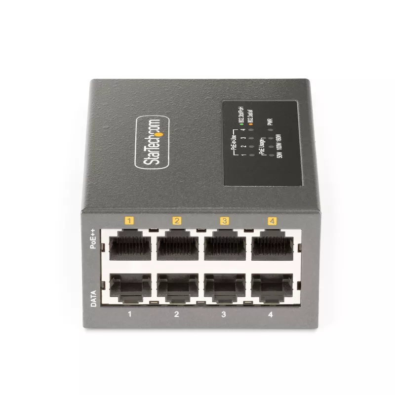 StarTech.com 4-portowy wielogigabitowy iniektor PoE++, Ethernet 5/2,5/1G (NBASE-T), PoE/PoE+/PoE++ (802.3af/802.3at/802.3bt), budżet mocy 160 watów, montaż na ścianie/szynie DIN, niezarządzalny