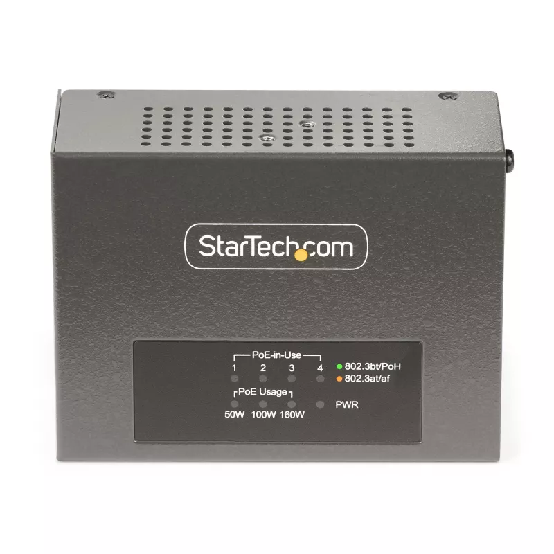 StarTech.com 4-portowy wielogigabitowy iniektor PoE++, Ethernet 5/2,5/1G (NBASE-T), PoE/PoE+/PoE++ (802.3af/802.3at/802.3bt), budżet mocy 160 watów, montaż na ścianie/szynie DIN, niezarządzalny