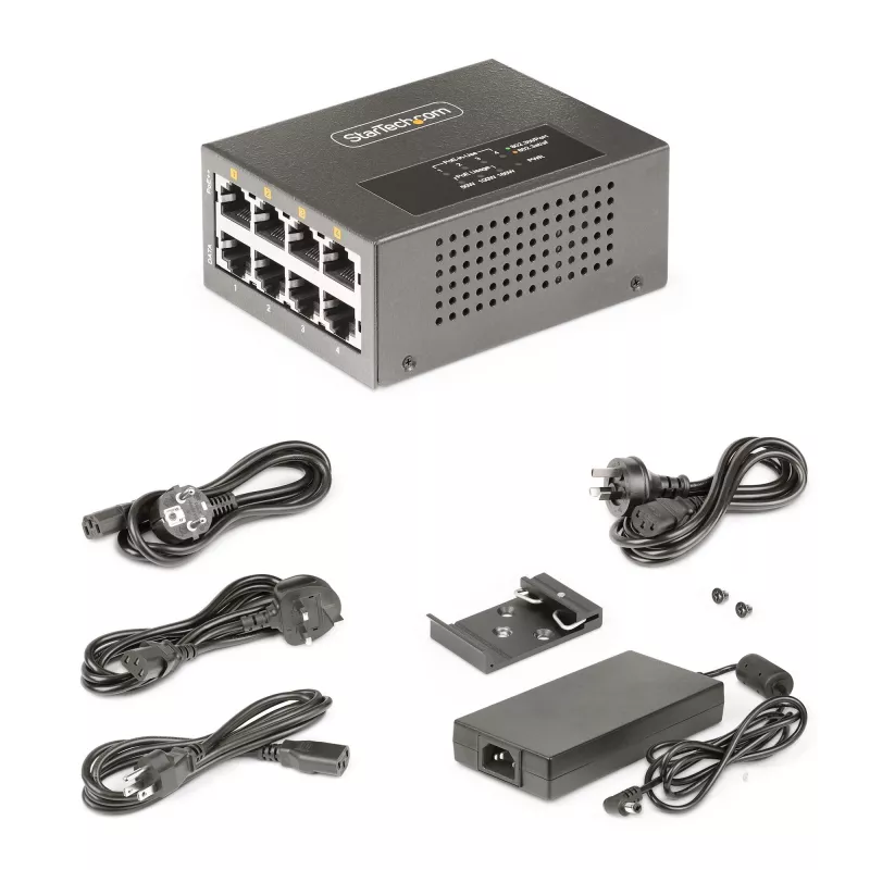 StarTech.com 4-portowy wielogigabitowy iniektor PoE++, Ethernet 5/2,5/1G (NBASE-T), PoE/PoE+/PoE++ (802.3af/802.3at/802.3bt), budżet mocy 160 watów, montaż na ścianie/szynie DIN, niezarządzalny