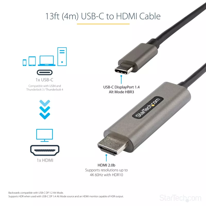 StarTech.com 4 m (13 stóp) Kabel USB-C do HDMI 4K 60 Hz z HDR10 – Ultra HD USB Type-C na 4K HDMI 2.0b Wideo adapter kablowy – USB-C na HDMI HDR Monitor/Display Konwerter – DP 1.4 Alt Mode HBR3