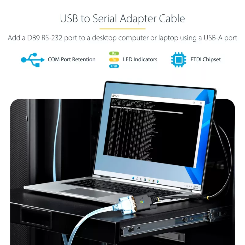 StarTech.com adapter kablowya USB na szeregowy 3 ft (1 m), zachowanie COM, wymienne śruby/nakrętki, USB-A na DB9 RS232, układ FTDI, ochrona ESD, Windows/macOS/Linux