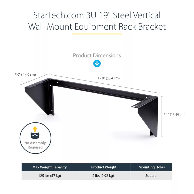 StarTech.com 3U 19” Uchwyt ścienny pionowy do szafy rack, Uchwyt do paneli krosowych do montażu ściennego dla sprzętu danych/AV/IT/komputerowego, Szafa rack 3U do szafy lub serwerowni, Obsługuje obciążenie do 68 kg (150 lb)