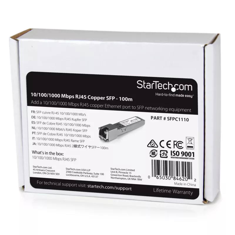 StarTech.com Moduł nadawczo-odbiorczy SFP zgodny z Cisco SFP-GE-T - 10/100/1000BASE-TX ~ Moduł SFP zgodny z Cisco SFP-GE-T - 1000BASE-T - SFP na RJ45 Cat6/Cat5e - 10/100/1000 Mbps - RJ-45 100 m - Cisco IE3400, IE3300, IE3200