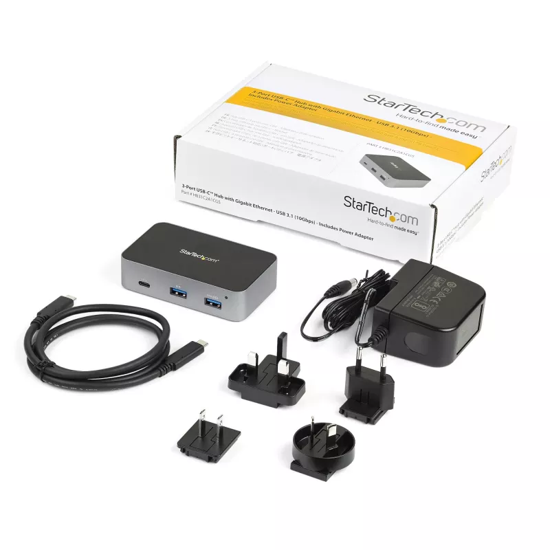 StarTech.com ~3-portowy hub USB-C 3.2 Gen 2 z adapterem Ethernet - 10Gbps USB Type-C na 2x USB-A i 1x USB-C - Hub USB z szybkim ładowaniem telefonu BC 1.2 - Superszybki hub USB-C 10Gbps