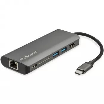 StarTech.com Adapter wieloportowy USB C — podróżna stacja dokująca USB-C z 4K HDMI, 3-portowym hubem USB 3.0, czytnikiem SD/SDHC, GbE, zasilaniem przejściowym PD 3.0 60 W — USB Type-C/Thunderbolt 3 — zamiennik DKT30CSDHPD
