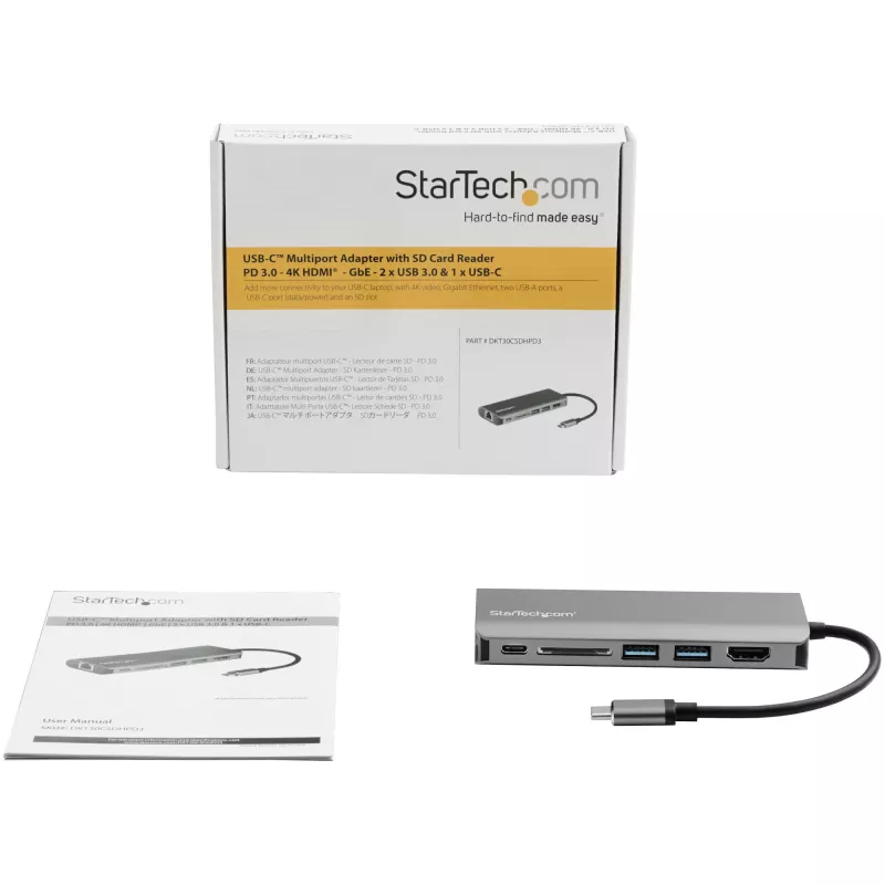StarTech.com Adapter wieloportowy USB C — podróżna stacja dokująca USB-C z 4K HDMI, 3-portowym hubem USB 3.0, czytnikiem SD/SDHC, GbE, zasilaniem przejściowym PD 3.0 60 W — USB Type-C/Thunderbolt 3 — zamiennik DKT30CSDHPD