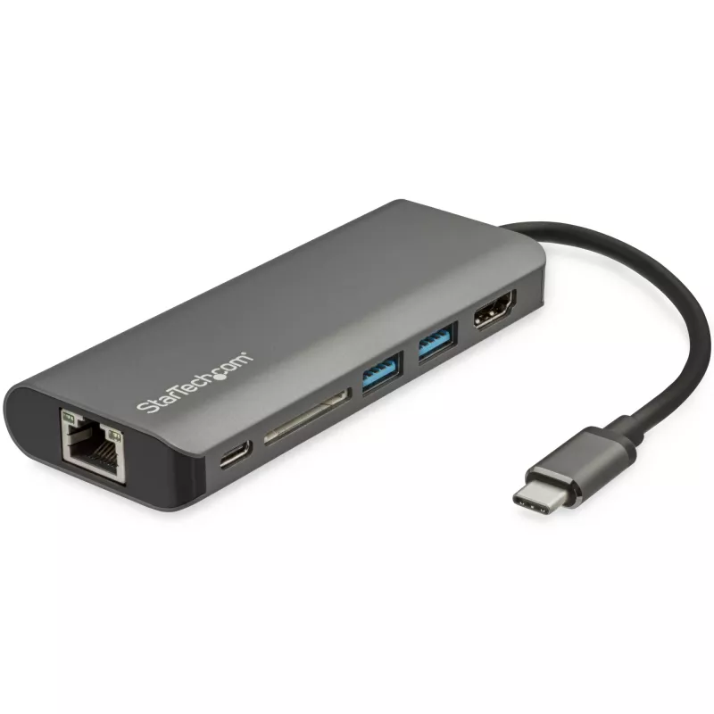 StarTech.com Adapter wieloportowy USB C — podróżna stacja dokująca USB-C z 4K HDMI, 3-portowym hubem USB 3.0, czytnikiem SD/SDHC, GbE, zasilaniem przejściowym PD 3.0 60 W — USB Type-C/Thunderbolt 3 — zamiennik DKT30CSDHPD