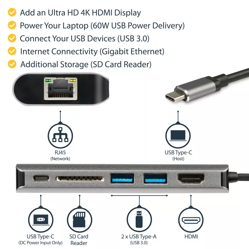 StarTech.com Adapter wieloportowy USB C — podróżna stacja dokująca USB-C z 4K HDMI, 3-portowym hubem USB 3.0, czytnikiem SD/SDHC, GbE, zasilaniem przejściowym PD 3.0 60 W — USB Type-C/Thunderbolt 3 — zamiennik DKT30CSDHPD