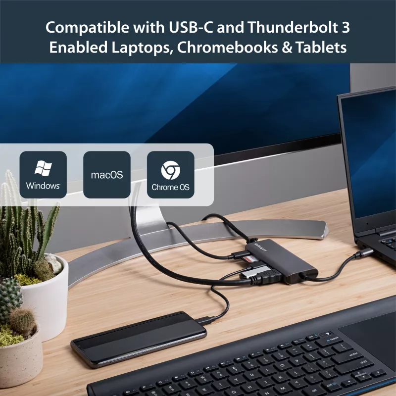 StarTech.com Adapter wieloportowy USB C — podróżna stacja dokująca USB-C z 4K HDMI, 3-portowym hubem USB 3.0, czytnikiem SD/SDHC, GbE, zasilaniem przejściowym PD 3.0 60 W — USB Type-C/Thunderbolt 3 — zamiennik DKT30CSDHPD